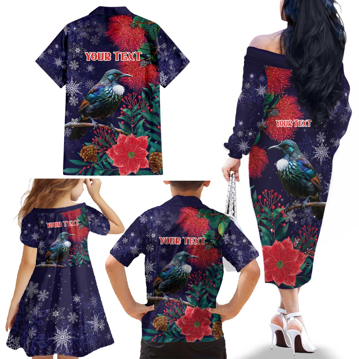 Tui Meri Kirihimete Personalised Family Matching Off The Shoulder Long Sleeve Dress and Hawaiian Shirt Pohutukawa Flowers Blue Motif - Aussie Hoodie