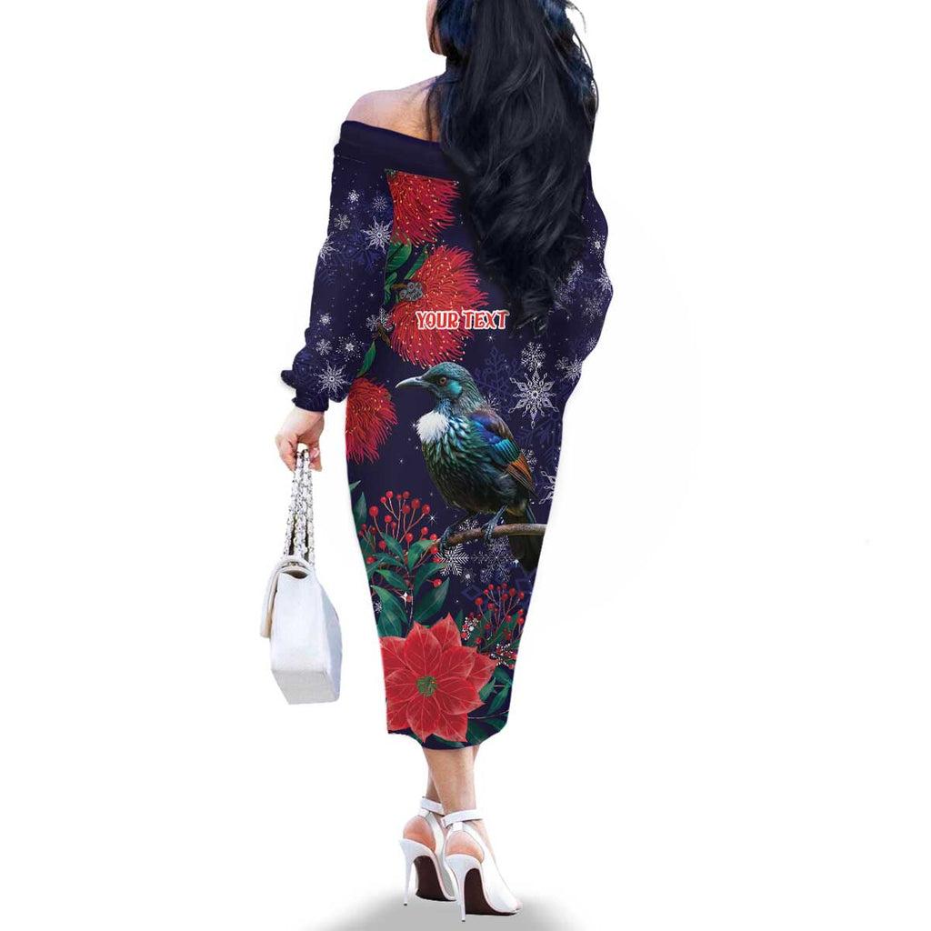 Tui Meri Kirihimete Personalised Family Matching Off The Shoulder Long Sleeve Dress and Hawaiian Shirt Pohutukawa Flowers Blue Motif - Aussie Hoodie