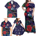 Tui Meri Kirihimete Personalised Family Matching Off Shoulder Maxi Dress and Hawaiian Shirt Pohutukawa Flowers Blue Motif - Aussie Hoodie