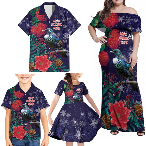 Tui Meri Kirihimete Personalised Family Matching Off Shoulder Maxi Dress and Hawaiian Shirt Pohutukawa Flowers Blue Motif - Aussie Hoodie