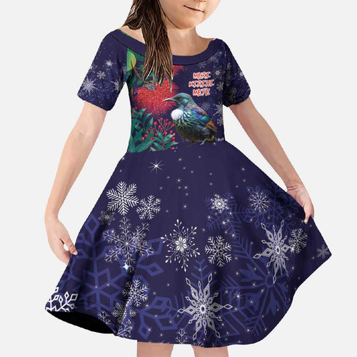 Tui Meri Kirihimete Personalised Family Matching Off Shoulder Maxi Dress and Hawaiian Shirt Pohutukawa Flowers Blue Motif - Aussie Hoodie