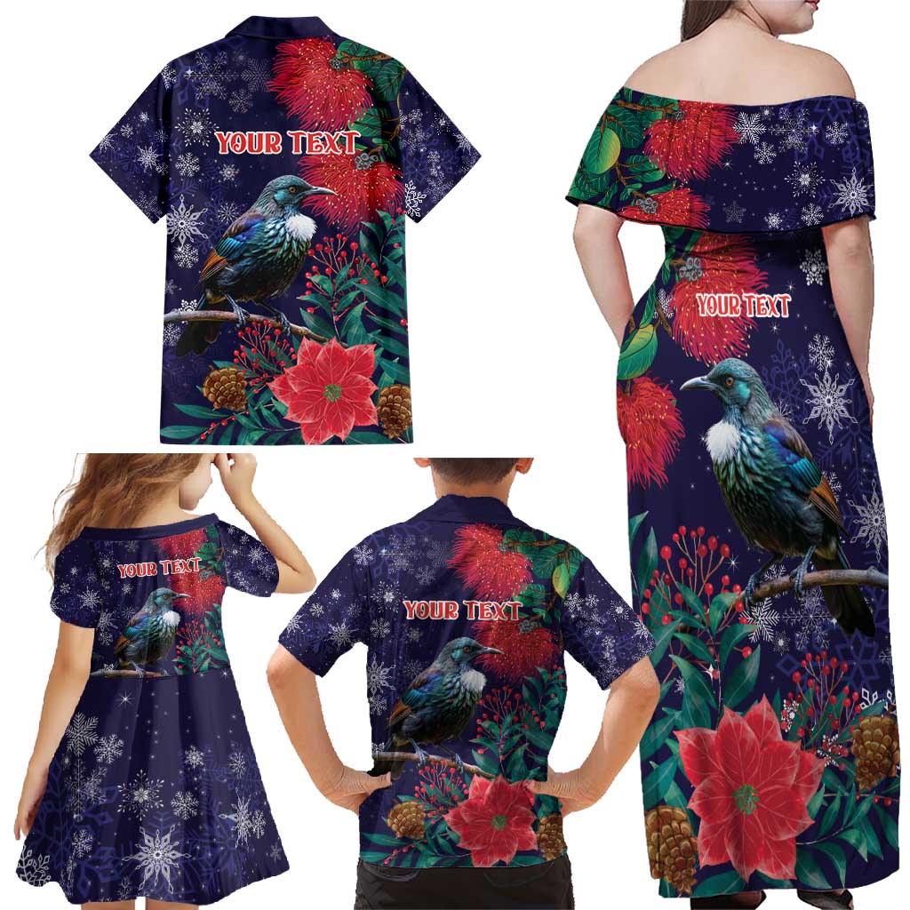 Tui Meri Kirihimete Personalised Family Matching Off Shoulder Maxi Dress and Hawaiian Shirt Pohutukawa Flowers Blue Motif - Aussie Hoodie