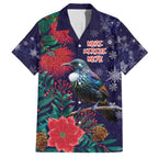 Tui Meri Kirihimete Personalised Family Matching Off Shoulder Maxi Dress and Hawaiian Shirt Pohutukawa Flowers Blue Motif - Aussie Hoodie