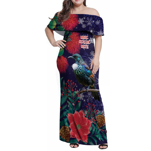 Tui Meri Kirihimete Personalised Family Matching Off Shoulder Maxi Dress and Hawaiian Shirt Pohutukawa Flowers Blue Motif - Aussie Hoodie