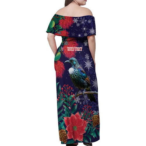 Tui Meri Kirihimete Personalised Family Matching Off Shoulder Maxi Dress and Hawaiian Shirt Pohutukawa Flowers Blue Motif - Aussie Hoodie