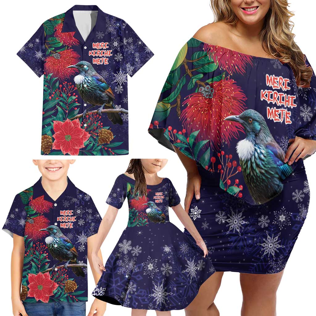 Tui Meri Kirihimete Personalised Family Matching Off Shoulder Short Dress and Hawaiian Shirt Pohutukawa Flowers Blue Motif - Aussie Hoodie