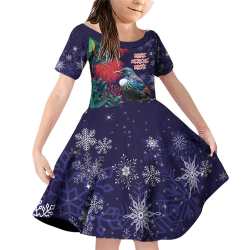 Tui Meri Kirihimete Personalised Family Matching Off Shoulder Short Dress and Hawaiian Shirt Pohutukawa Flowers Blue Motif - Aussie Hoodie