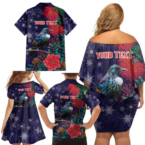 Tui Meri Kirihimete Personalised Family Matching Off Shoulder Short Dress and Hawaiian Shirt Pohutukawa Flowers Blue Motif - Aussie Hoodie