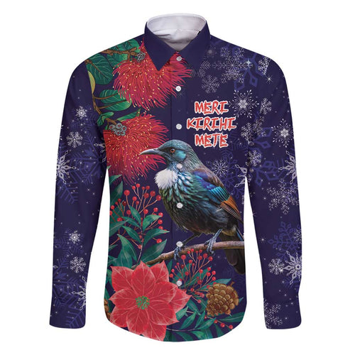 Tui Meri Kirihimete Personalised Family Matching Off Shoulder Short Dress and Hawaiian Shirt Pohutukawa Flowers Blue Motif - Aussie Hoodie