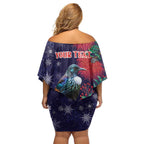 Tui Meri Kirihimete Personalised Family Matching Off Shoulder Short Dress and Hawaiian Shirt Pohutukawa Flowers Blue Motif - Aussie Hoodie