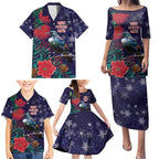 Tui Meri Kirihimete Personalised Family Matching Puletasi and Hawaiian Shirt Pohutukawa Flowers Blue Motif - Aussie Hoodie
