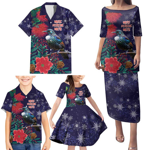 Tui Meri Kirihimete Personalised Family Matching Puletasi and Hawaiian Shirt Pohutukawa Flowers Blue Motif - Aussie Hoodie