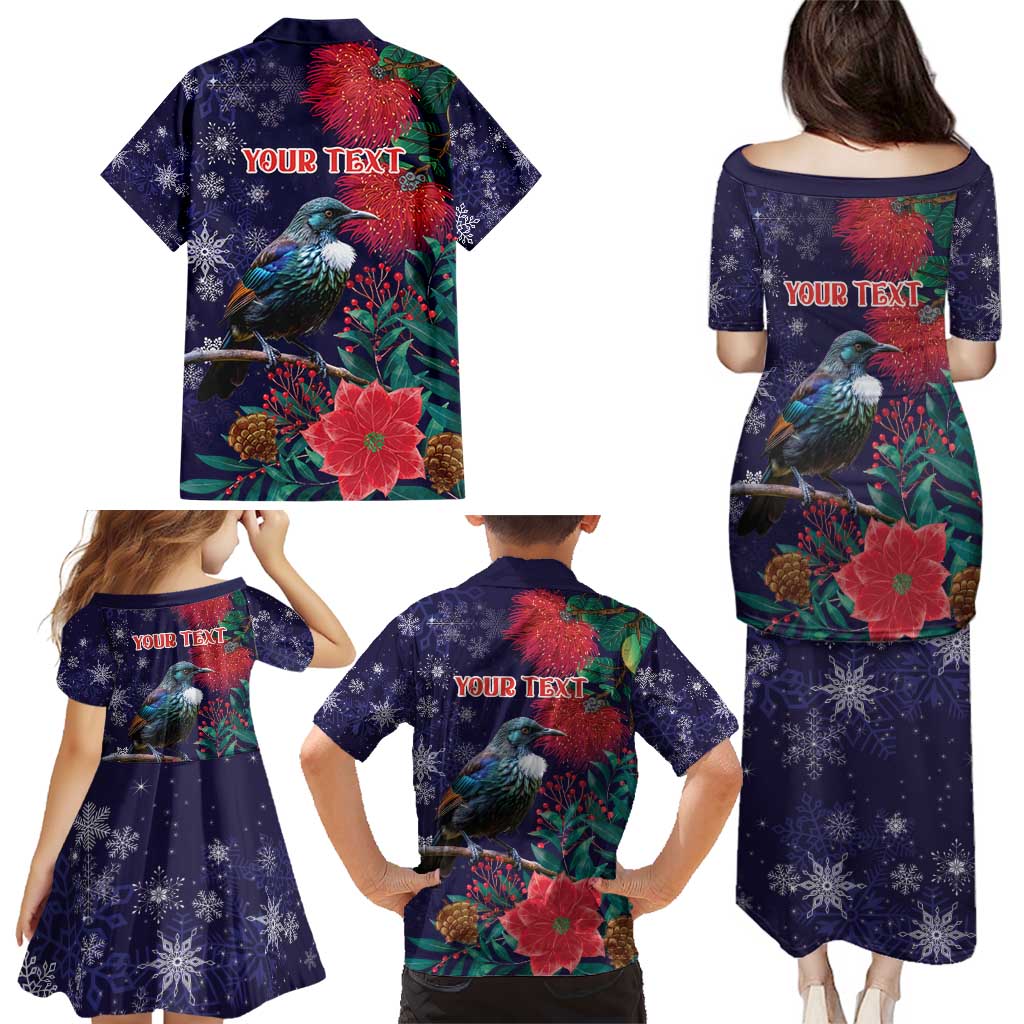 Tui Meri Kirihimete Personalised Family Matching Puletasi and Hawaiian Shirt Pohutukawa Flowers Blue Motif - Aussie Hoodie