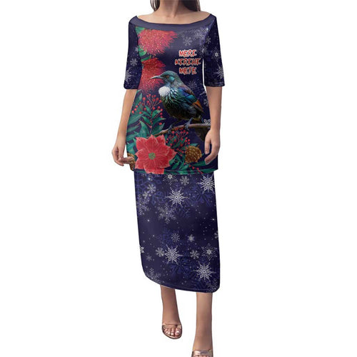 Tui Meri Kirihimete Personalised Family Matching Puletasi and Hawaiian Shirt Pohutukawa Flowers Blue Motif - Aussie Hoodie