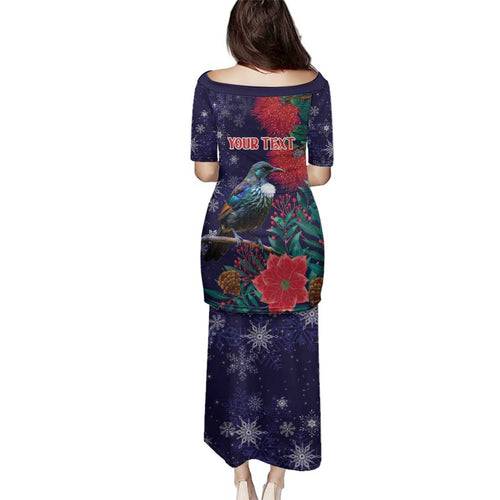 Tui Meri Kirihimete Personalised Family Matching Puletasi and Hawaiian Shirt Pohutukawa Flowers Blue Motif - Aussie Hoodie