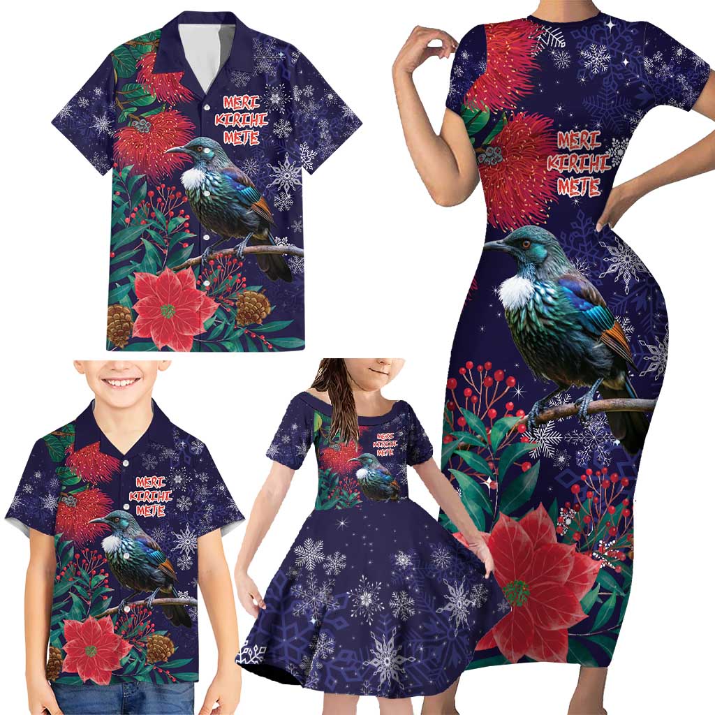 Tui Meri Kirihimete Personalised Family Matching Short Sleeve Bodycon Dress and Hawaiian Shirt Pohutukawa Flowers Blue Motif - Aussie Hoodie