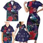 Tui Meri Kirihimete Personalised Family Matching Short Sleeve Bodycon Dress and Hawaiian Shirt Pohutukawa Flowers Blue Motif - Aussie Hoodie