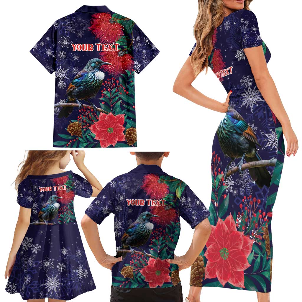 Tui Meri Kirihimete Personalised Family Matching Short Sleeve Bodycon Dress and Hawaiian Shirt Pohutukawa Flowers Blue Motif - Aussie Hoodie