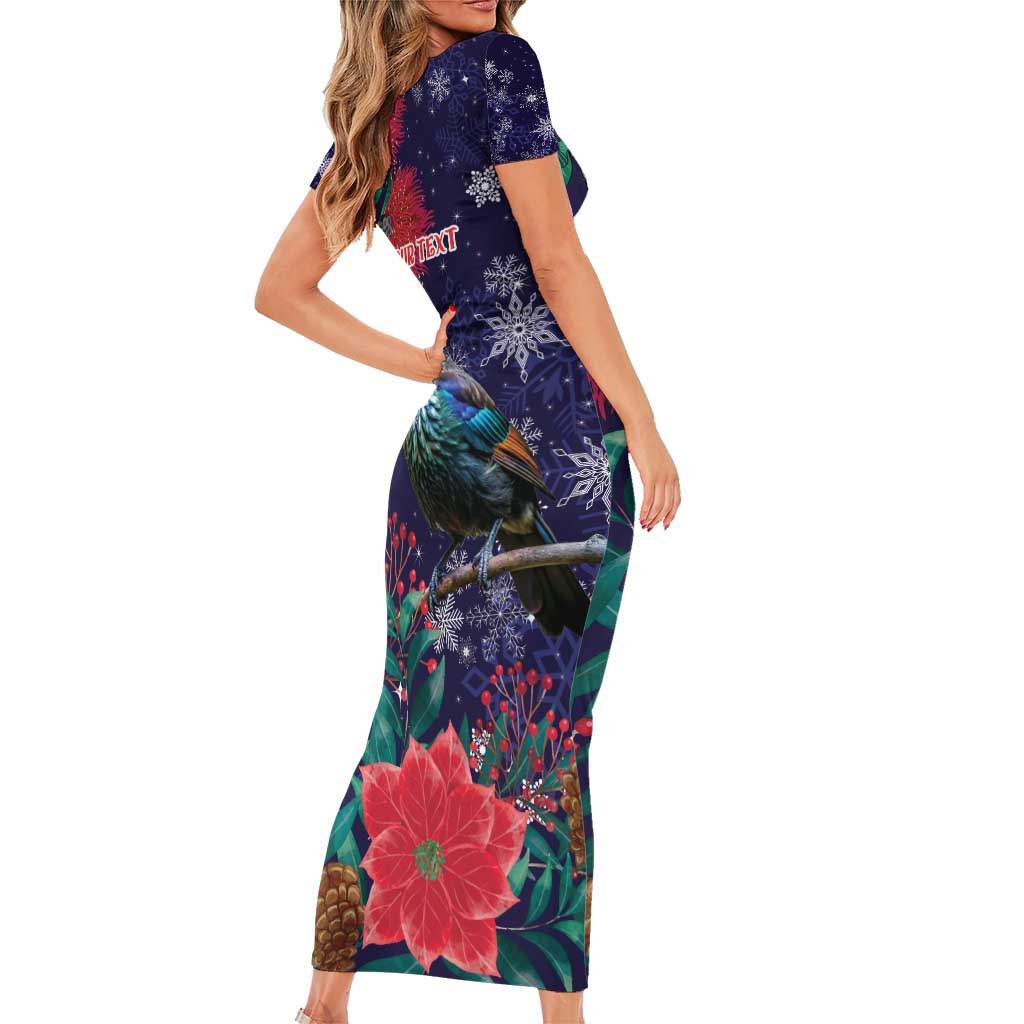 Tui Meri Kirihimete Personalised Family Matching Short Sleeve Bodycon Dress and Hawaiian Shirt Pohutukawa Flowers Blue Motif - Aussie Hoodie