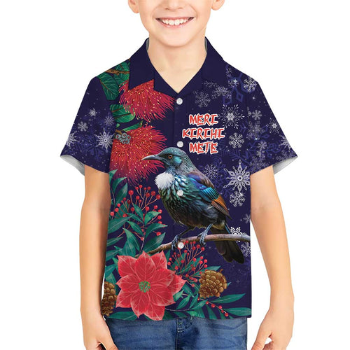 Tui Meri Kirihimete Personalised Family Matching Short Sleeve Bodycon Dress and Hawaiian Shirt Pohutukawa Flowers Blue Motif - Aussie Hoodie