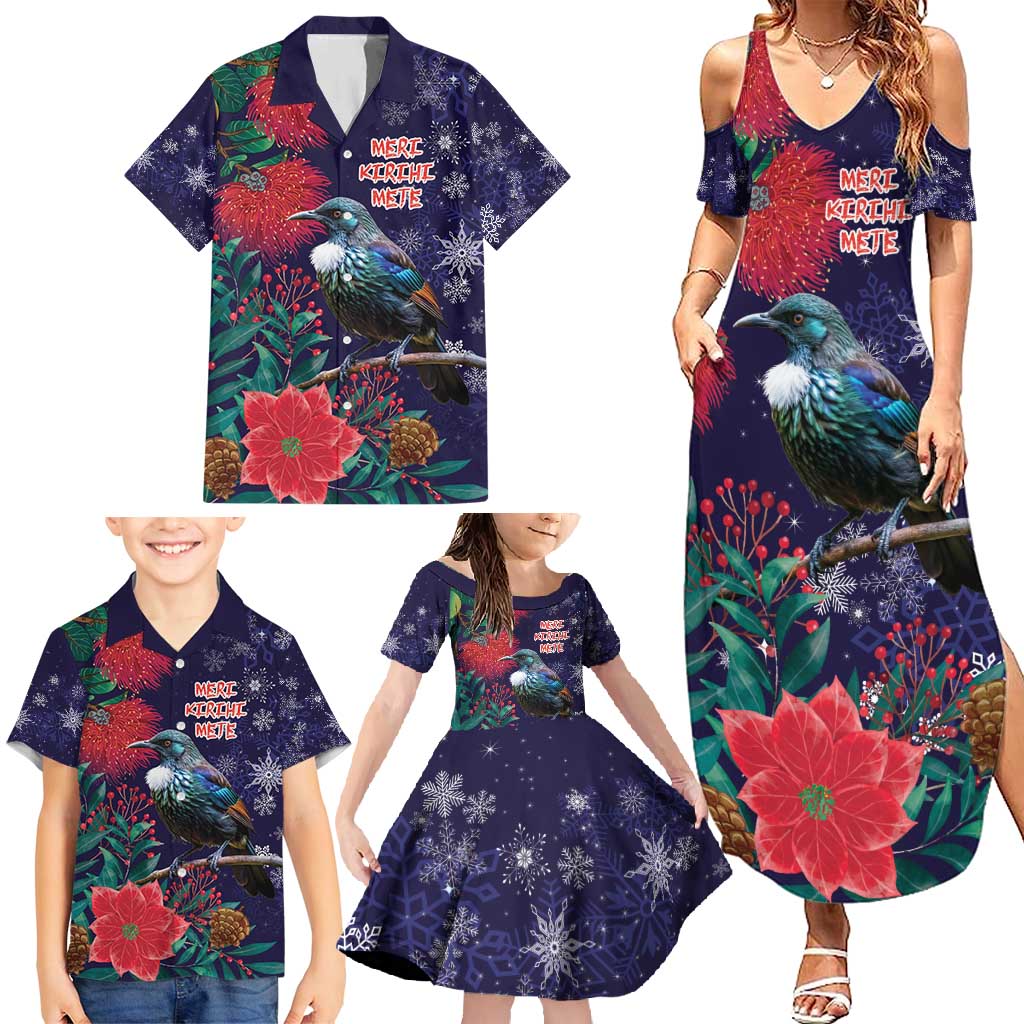 Tui Meri Kirihimete Personalised Family Matching Summer Maxi Dress and Hawaiian Shirt Pohutukawa Flowers Blue Motif - Aussie Hoodie