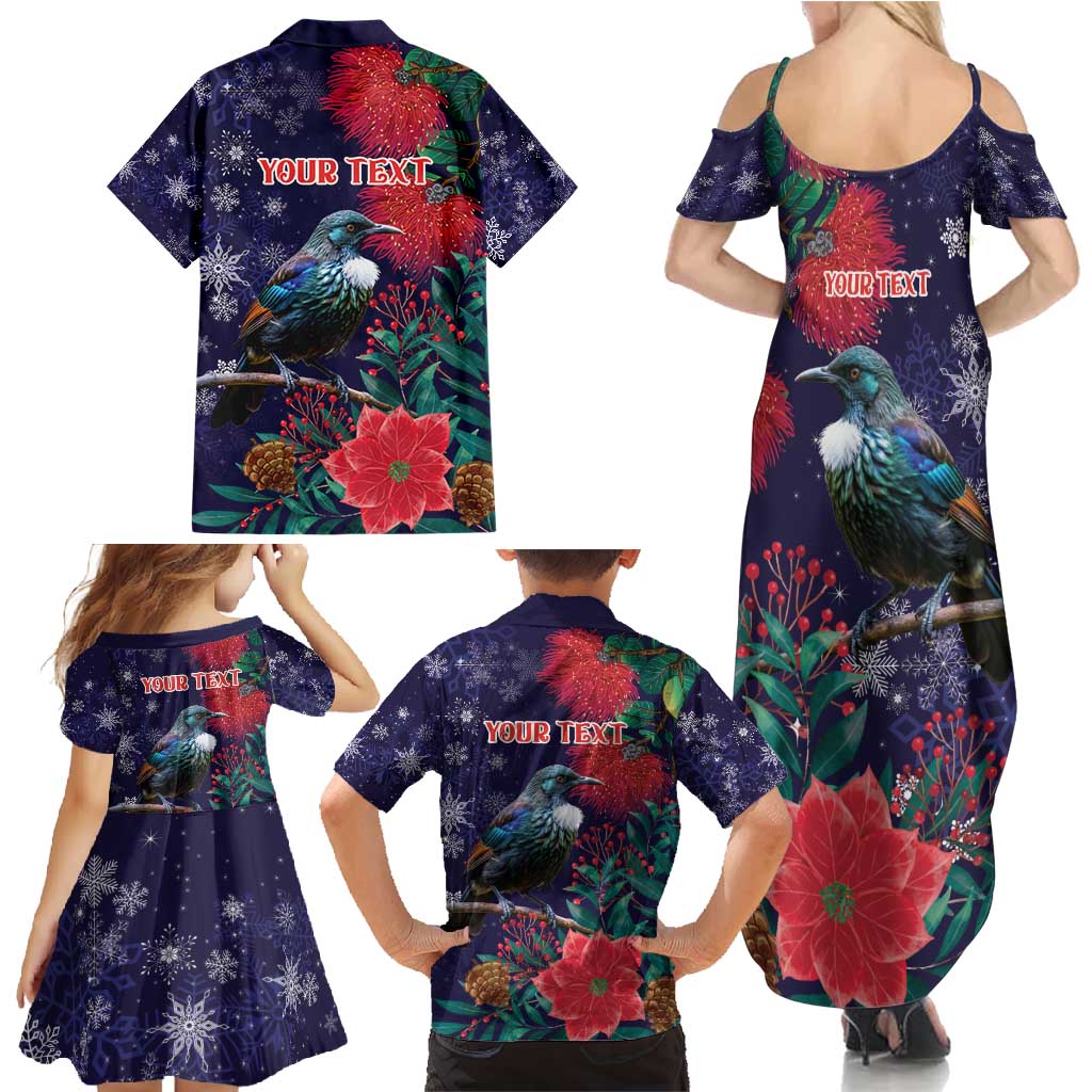 Tui Meri Kirihimete Personalised Family Matching Summer Maxi Dress and Hawaiian Shirt Pohutukawa Flowers Blue Motif - Aussie Hoodie