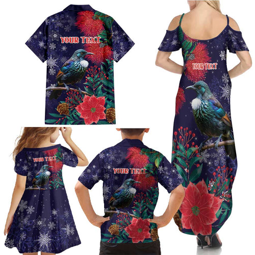Tui Meri Kirihimete Personalised Family Matching Summer Maxi Dress and Hawaiian Shirt Pohutukawa Flowers Blue Motif - Aussie Hoodie