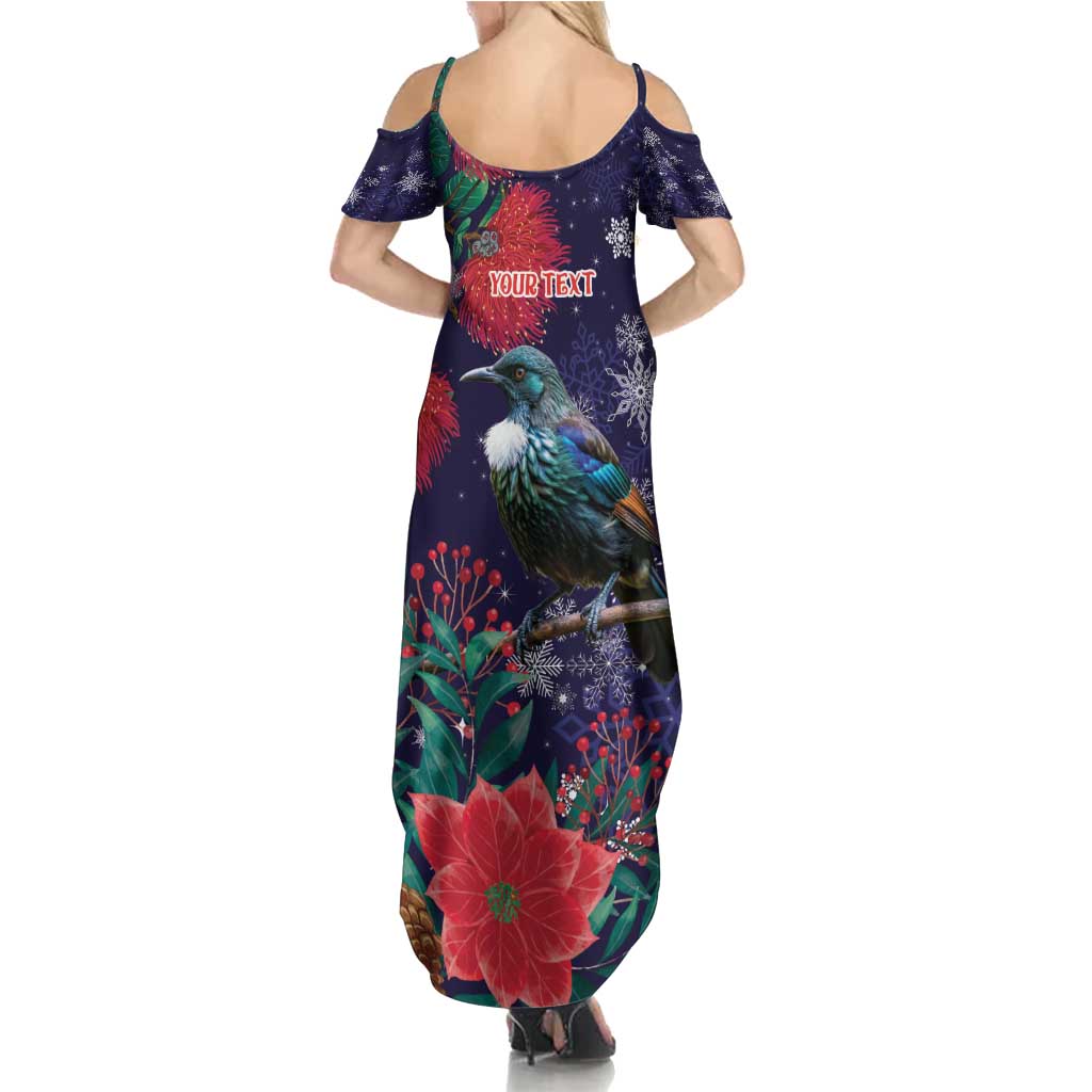 Tui Meri Kirihimete Personalised Family Matching Summer Maxi Dress and Hawaiian Shirt Pohutukawa Flowers Blue Motif - Aussie Hoodie