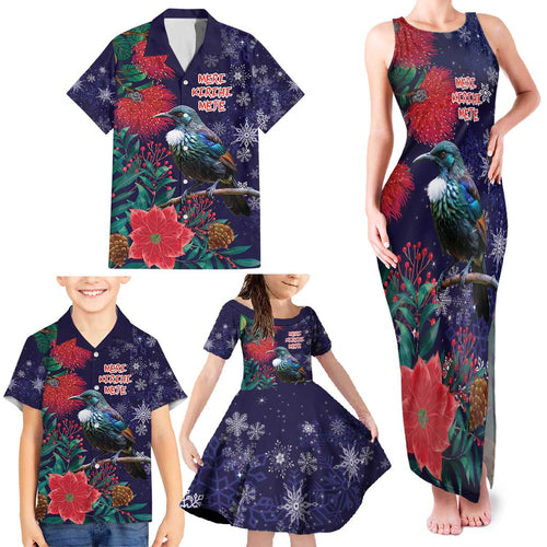 Tui Meri Kirihimete Personalised Family Matching Tank Maxi Dress and Hawaiian Shirt Pohutukawa Flowers Blue Motif - Aussie Hoodie