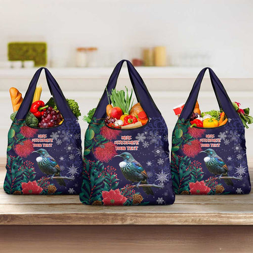 Tui Meri Kirihimete Personalised Grocery Bag Pohutukawa Flowers Blue Motif - Aussie Hoodie