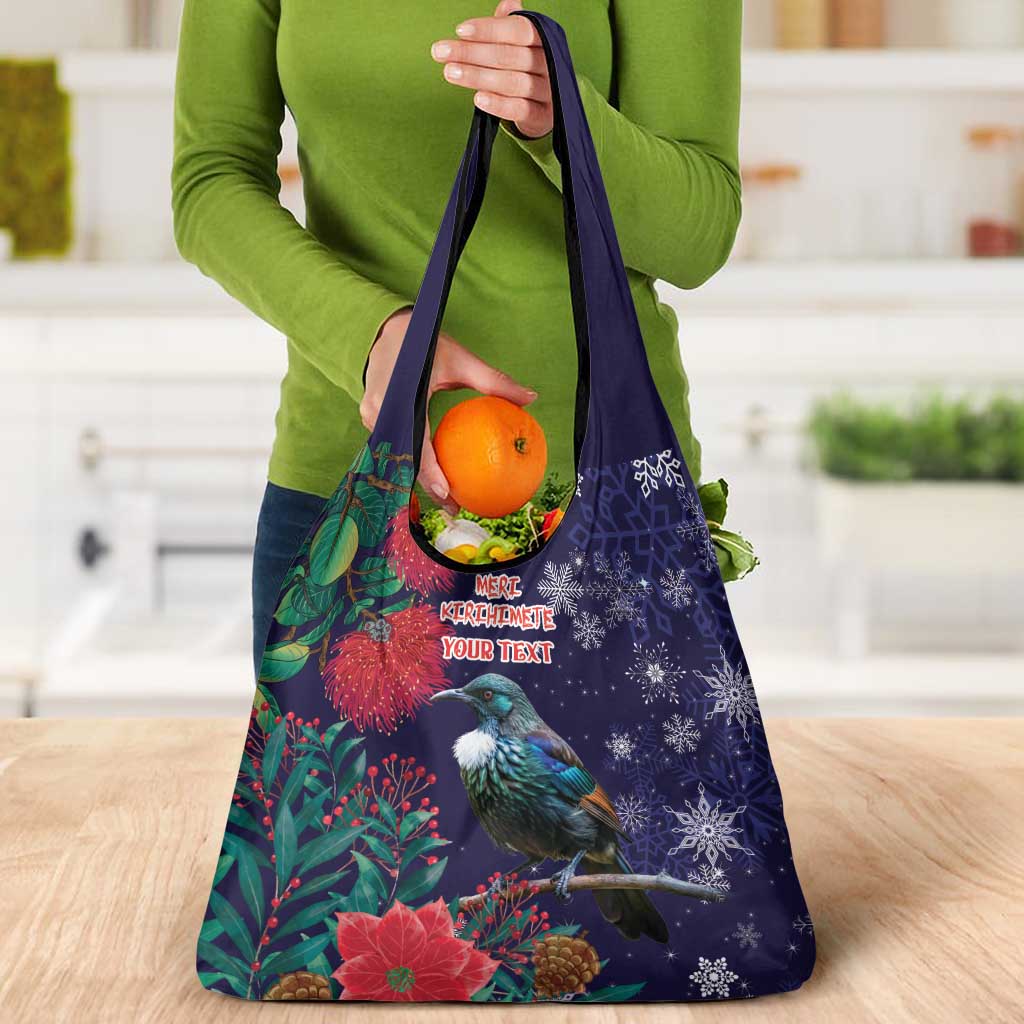 Tui Meri Kirihimete Personalised Grocery Bag Pohutukawa Flowers Blue Motif - Aussie Hoodie