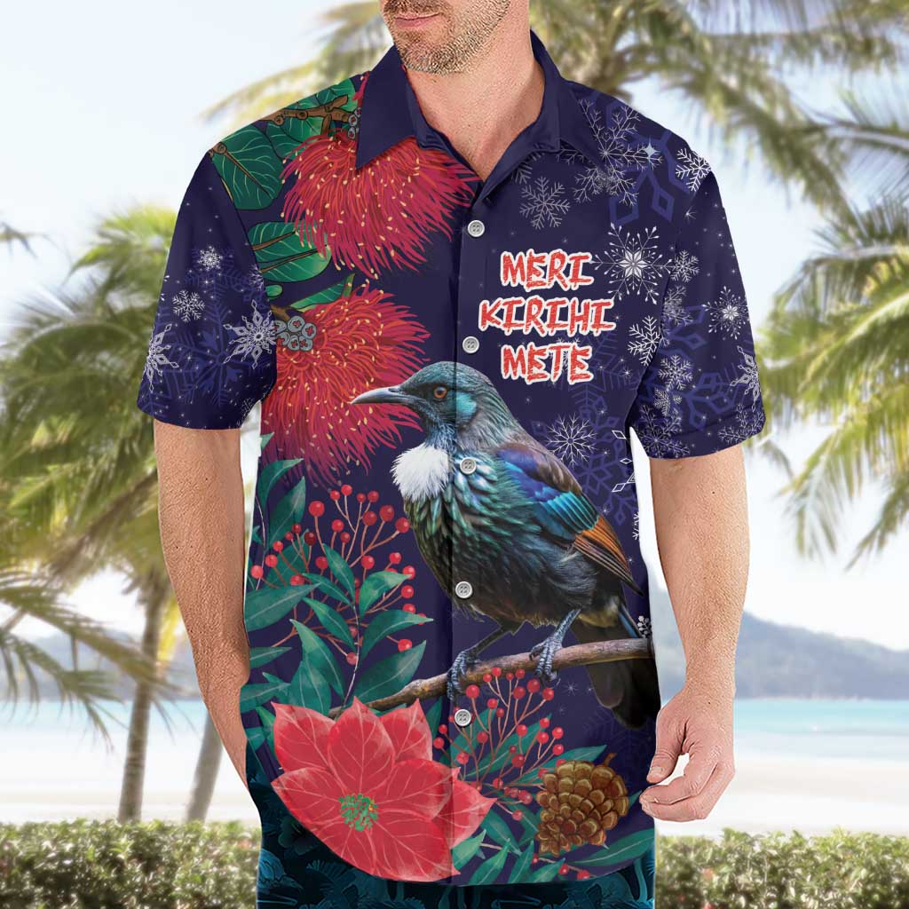 Tui Meri Kirihimete Personalised Hawaiian Shirt Pohutukawa Flowers Blue Motif - Aussie Hoodie