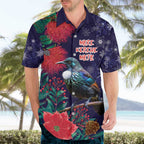 Tui Meri Kirihimete Personalised Hawaiian Shirt Pohutukawa Flowers Blue Motif - Aussie Hoodie