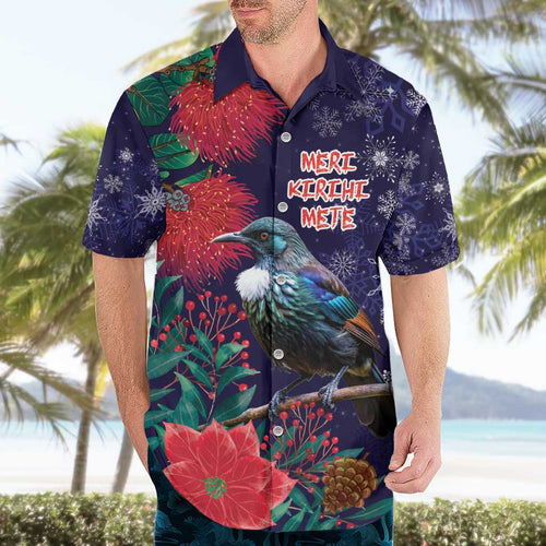 Tui Meri Kirihimete Personalised Hawaiian Shirt Pohutukawa Flowers Blue Motif - Aussie Hoodie
