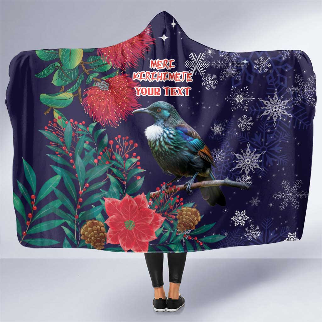 Tui Meri Kirihimete Personalised Hooded Blanket Pohutukawa Flowers Blue Motif - Aussie Hoodie