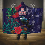 Tui Meri Kirihimete Personalised Hooded Blanket Pohutukawa Flowers Blue Motif - Aussie Hoodie