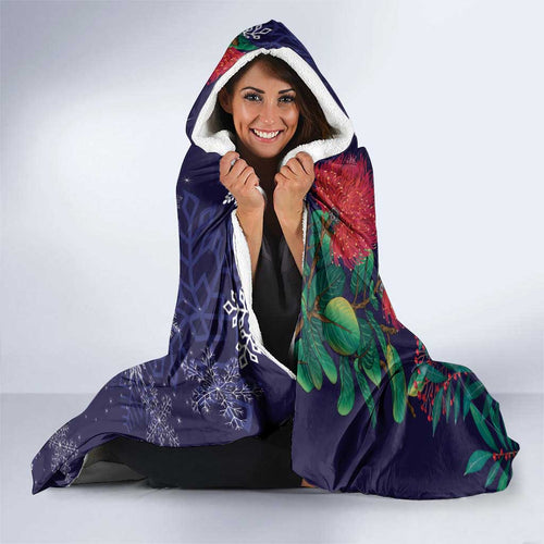 Tui Meri Kirihimete Personalised Hooded Blanket Pohutukawa Flowers Blue Motif - Aussie Hoodie