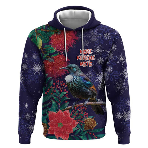 Tui Meri Kirihimete Personalised Hoodie Pohutukawa Flowers Blue Motif - Aussie Hoodie