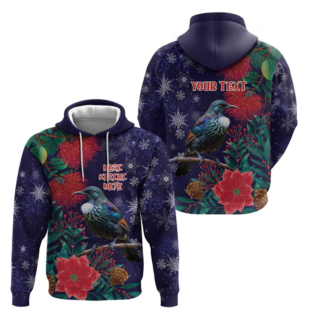 Tui Meri Kirihimete Personalised Hoodie Pohutukawa Flowers Blue Motif - Aussie Hoodie