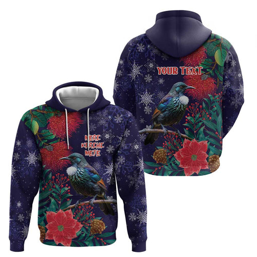 Tui Meri Kirihimete Personalised Hoodie Pohutukawa Flowers Blue Motif - Aussie Hoodie