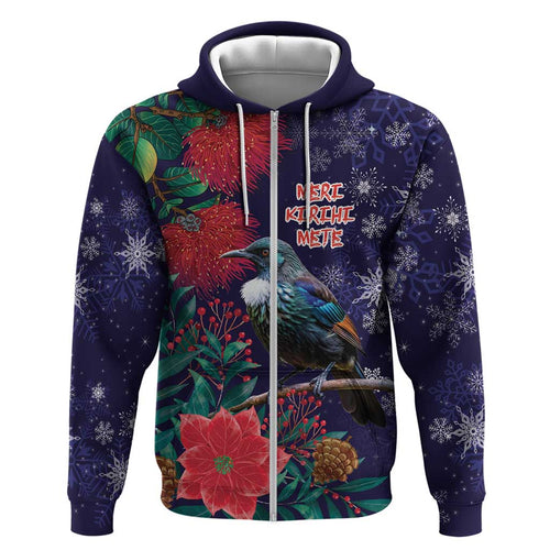 Tui Meri Kirihimete Personalised Hoodie Pohutukawa Flowers Blue Motif - Aussie Hoodie