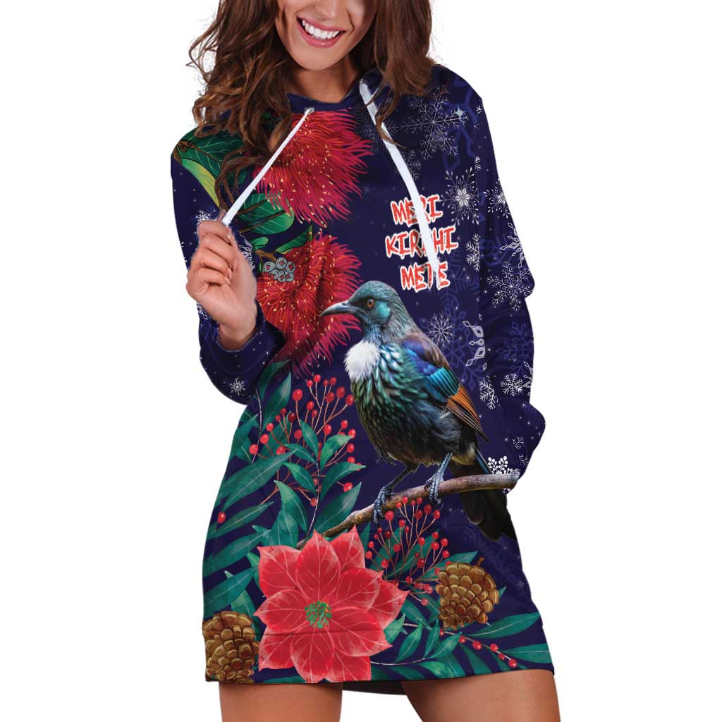 Tui Meri Kirihimete Personalised Hoodie Dress Pohutukawa Flowers Blue Motif - Aussie Hoodie