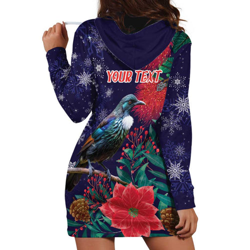 Tui Meri Kirihimete Personalised Hoodie Dress Pohutukawa Flowers Blue Motif - Aussie Hoodie