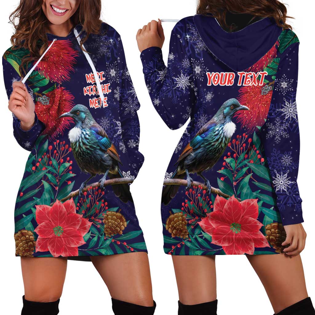 Tui Meri Kirihimete Personalised Hoodie Dress Pohutukawa Flowers Blue Motif - Aussie Hoodie