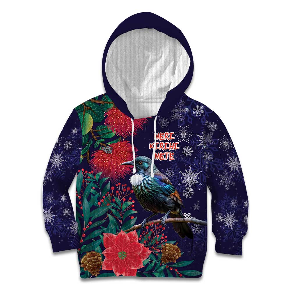 Tui Meri Kirihimete Personalised Kid Hoodie Pohutukawa Flowers Blue Motif - Aussie Hoodie