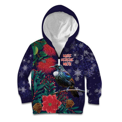 Tui Meri Kirihimete Personalised Kid Hoodie Pohutukawa Flowers Blue Motif - Aussie Hoodie