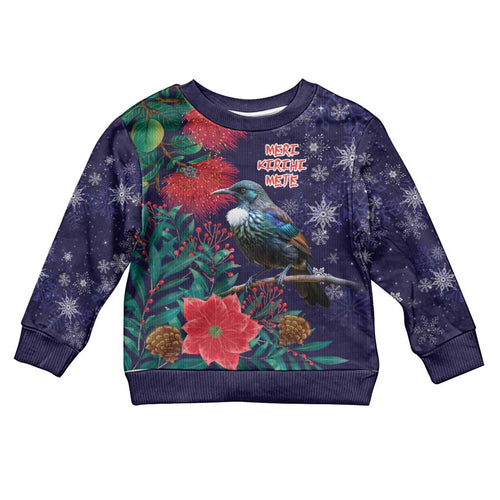 Tui Meri Kirihimete Personalised Kid Ugly Christmas Sweater Pohutukawa Flowers Blue Motif - Aussie Hoodie