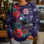 Tui Meri Kirihimete Personalised Kid Ugly Christmas Sweater Pohutukawa Flowers Blue Motif - Aussie Hoodie