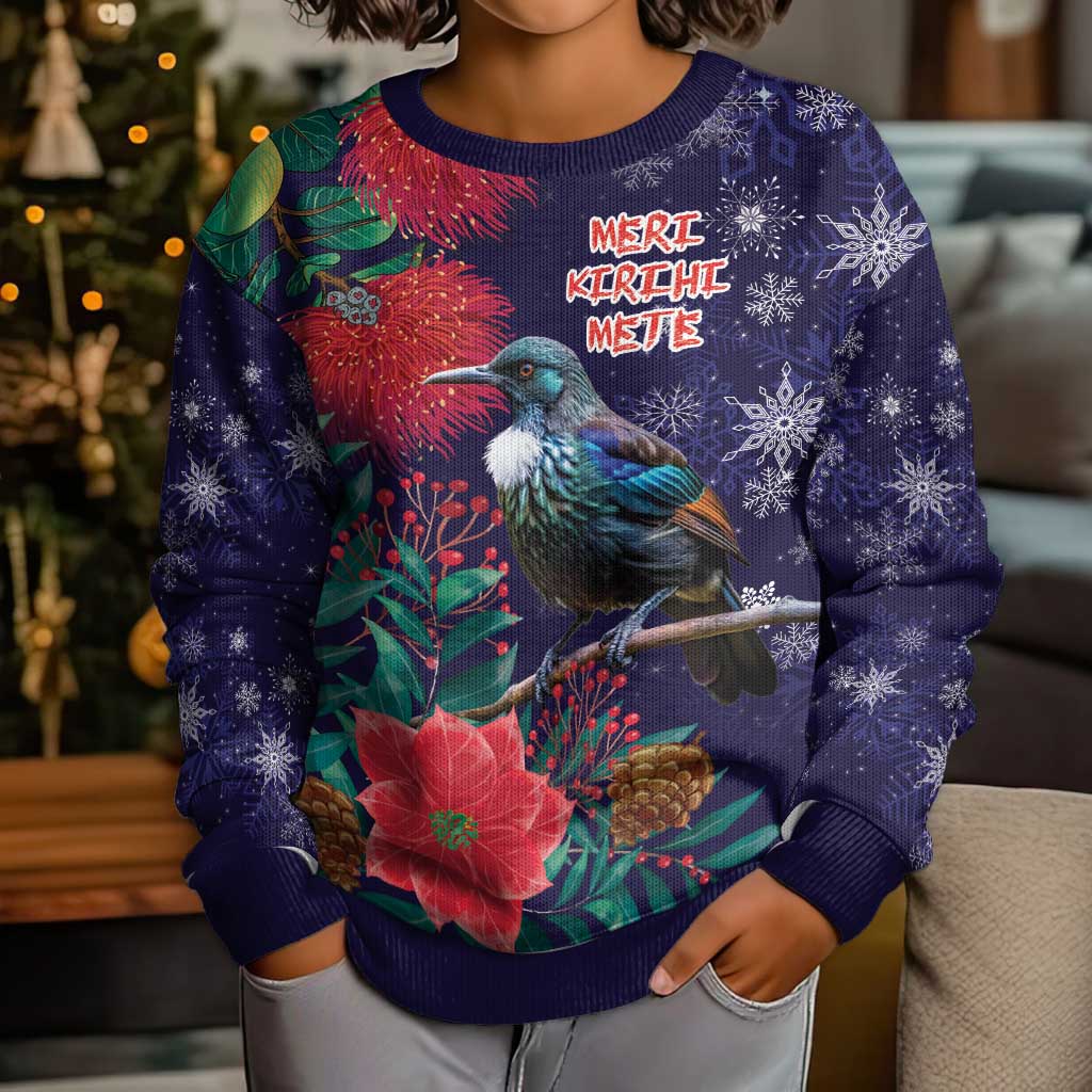 Tui Meri Kirihimete Personalised Kid Ugly Christmas Sweater Pohutukawa Flowers Blue Motif - Aussie Hoodie