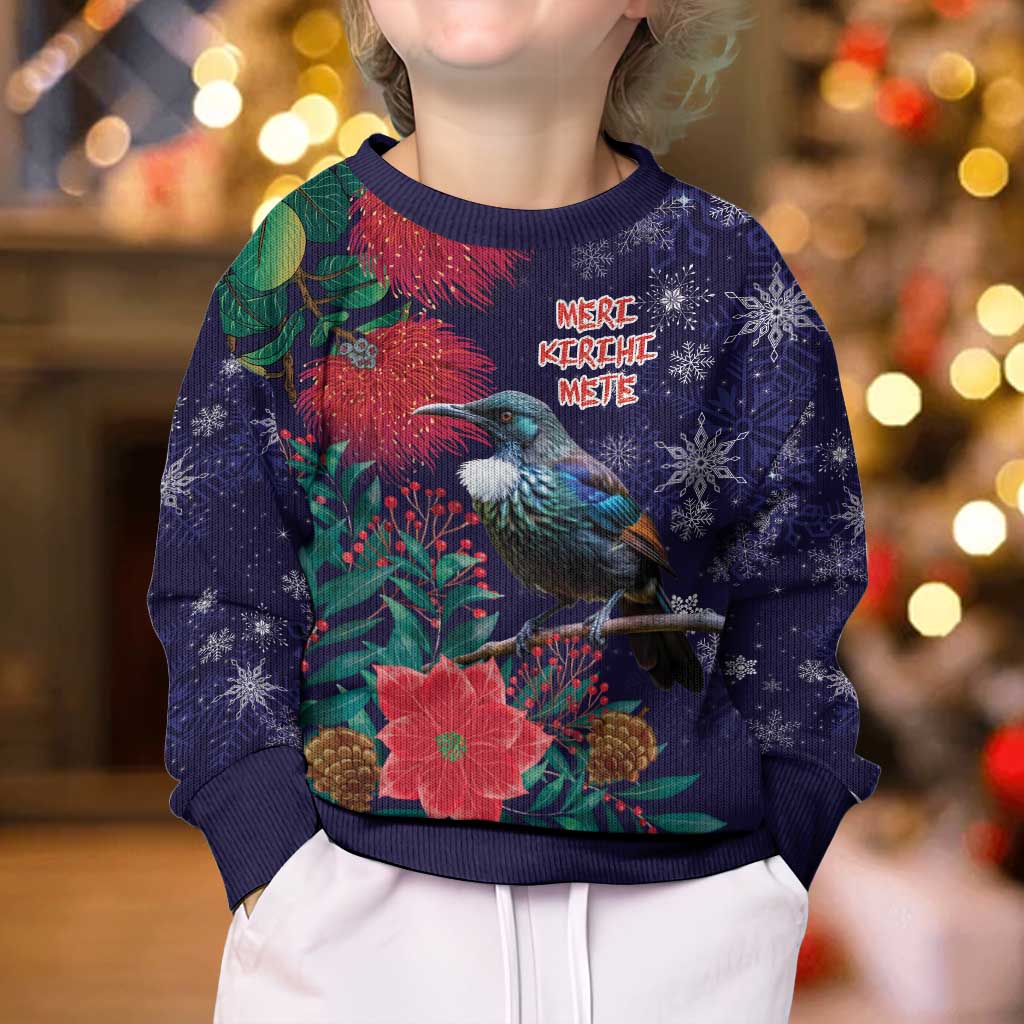 Tui Meri Kirihimete Personalised Kid Ugly Christmas Sweater Pohutukawa Flowers Blue Motif - Aussie Hoodie